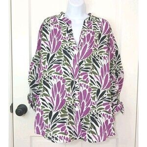 Chico's Women 4 (20) Button Down Shirt Purple Green Leaf Print 100% Resortwear